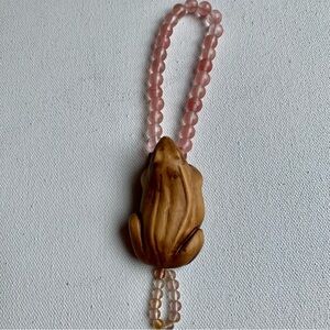 Antique Vintage Japanese Carved Wood Netsuke Frog Beaded Bracelet Finger Ring